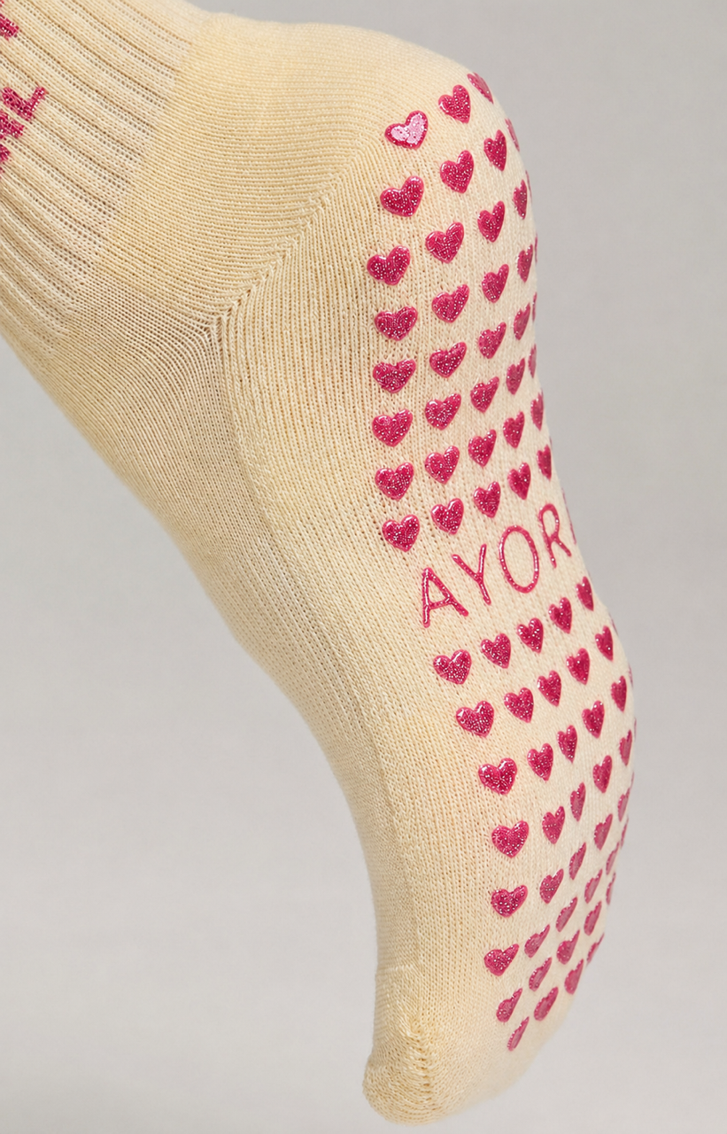 Chaussettes antidérapantes STRIPE Pilates « I'm Just a Girl» – Jaune et Rose à Paillettes