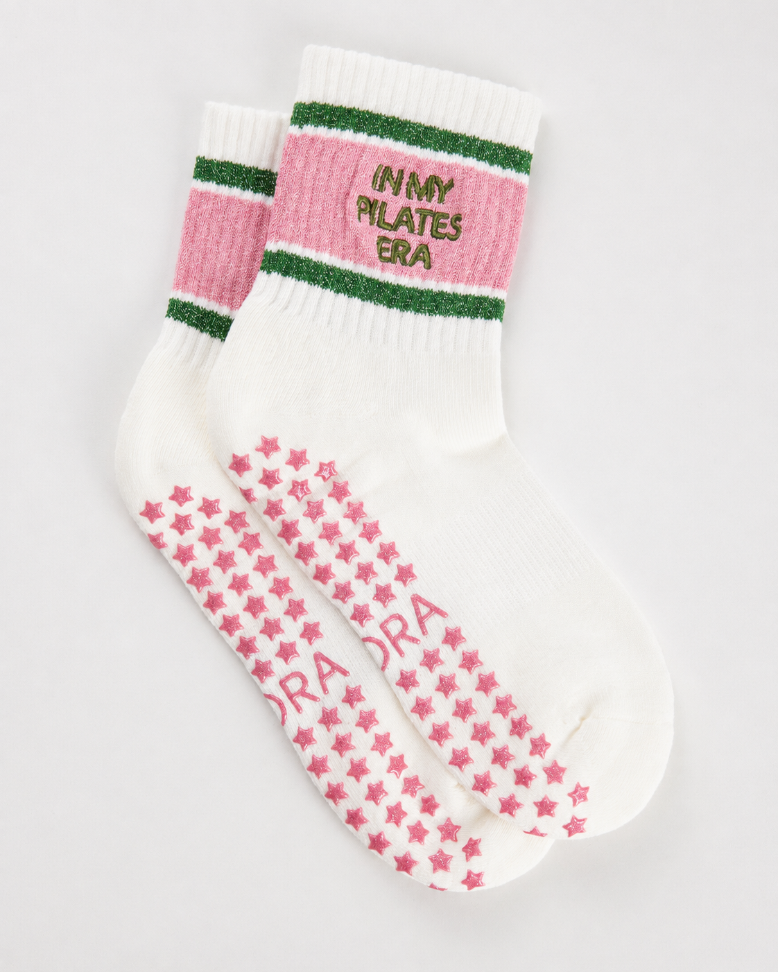 Chaussettes antidérapantes Pilates « In My Pilates Era » – Rose et Vert à Paillettes