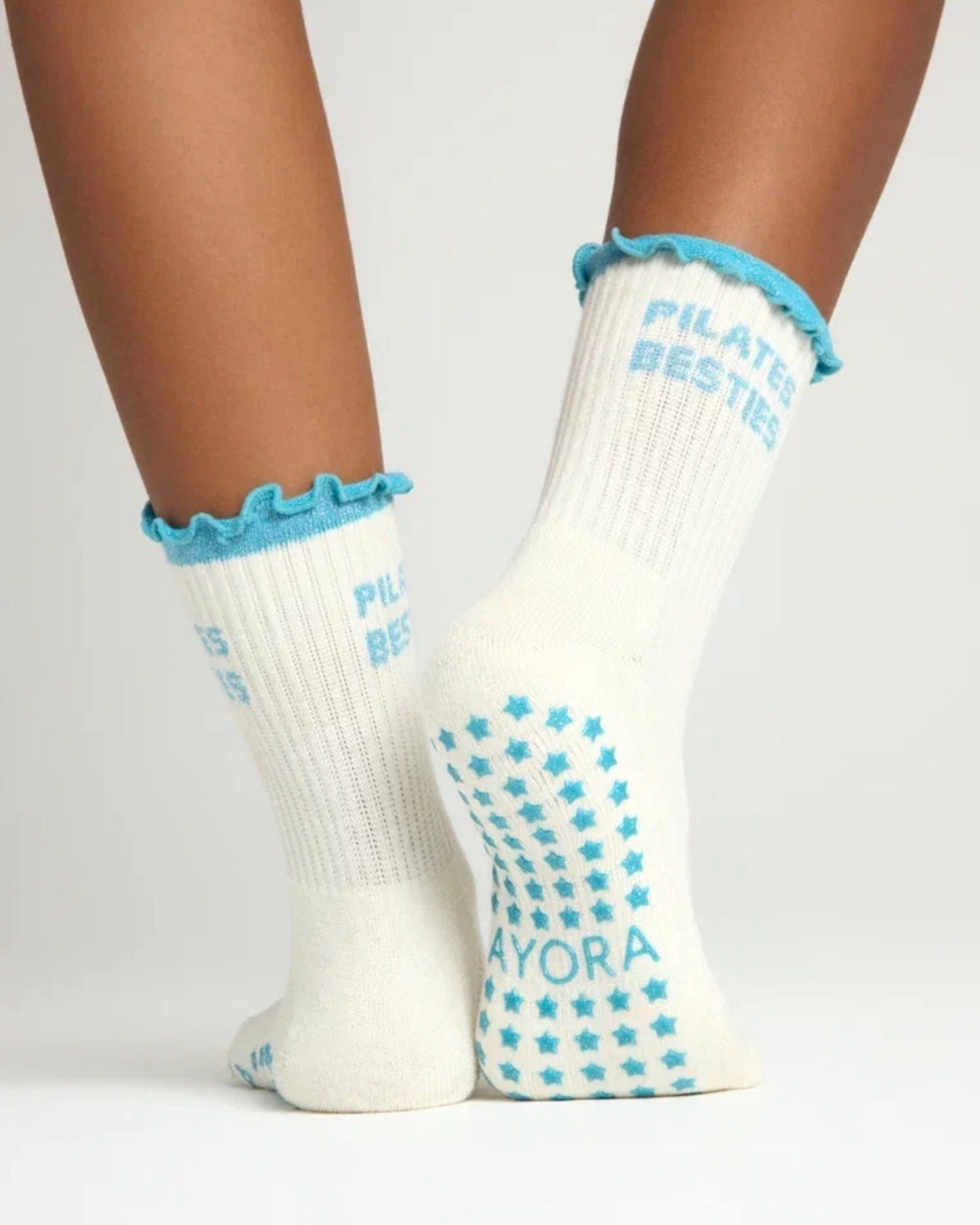 Chaussettes antidérapantes Pilates FRIZZY « Pilates Besties» – Turquoise à Paillettes