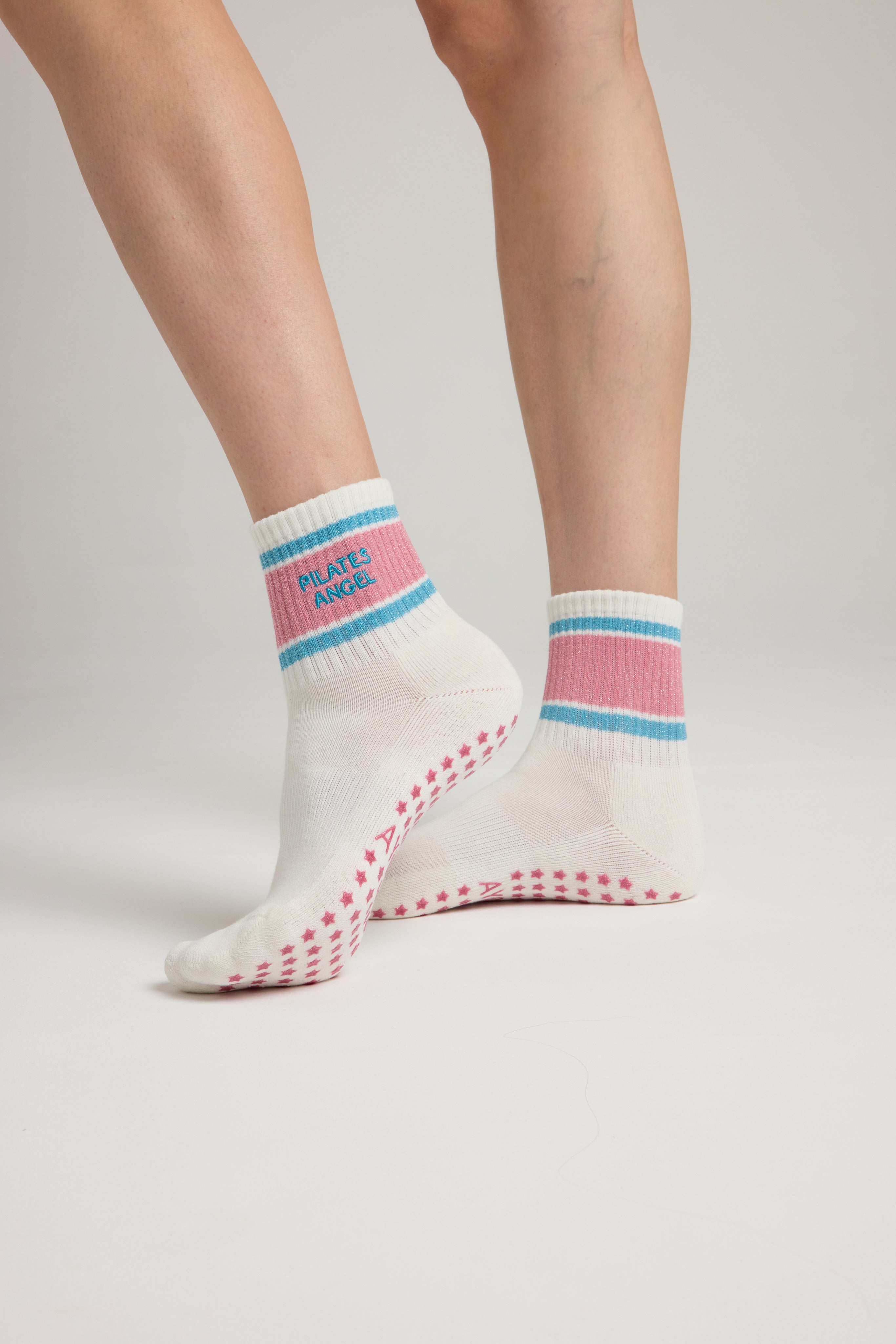 Chaussettes antidérapantes Pilates « Pilates Angel » – Rose et Turquoise à Paillettes