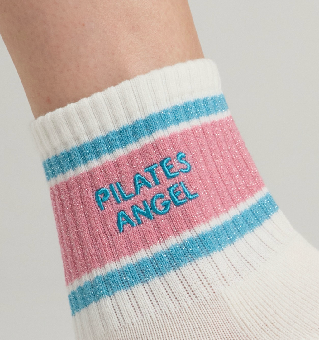 Chaussettes antidérapantes Pilates « Pilates Angel » – Rose et Turquoise à Paillettes