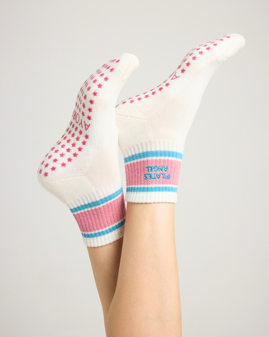 Chaussettes antidérapantes Pilates « Pilates Angel » – Rose et Turquoise à Paillettes