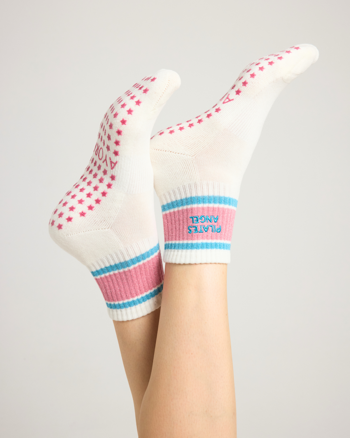 Chaussettes antidérapantes Pilates « Pilates Angel » – Rose et Turquoise à Paillettes