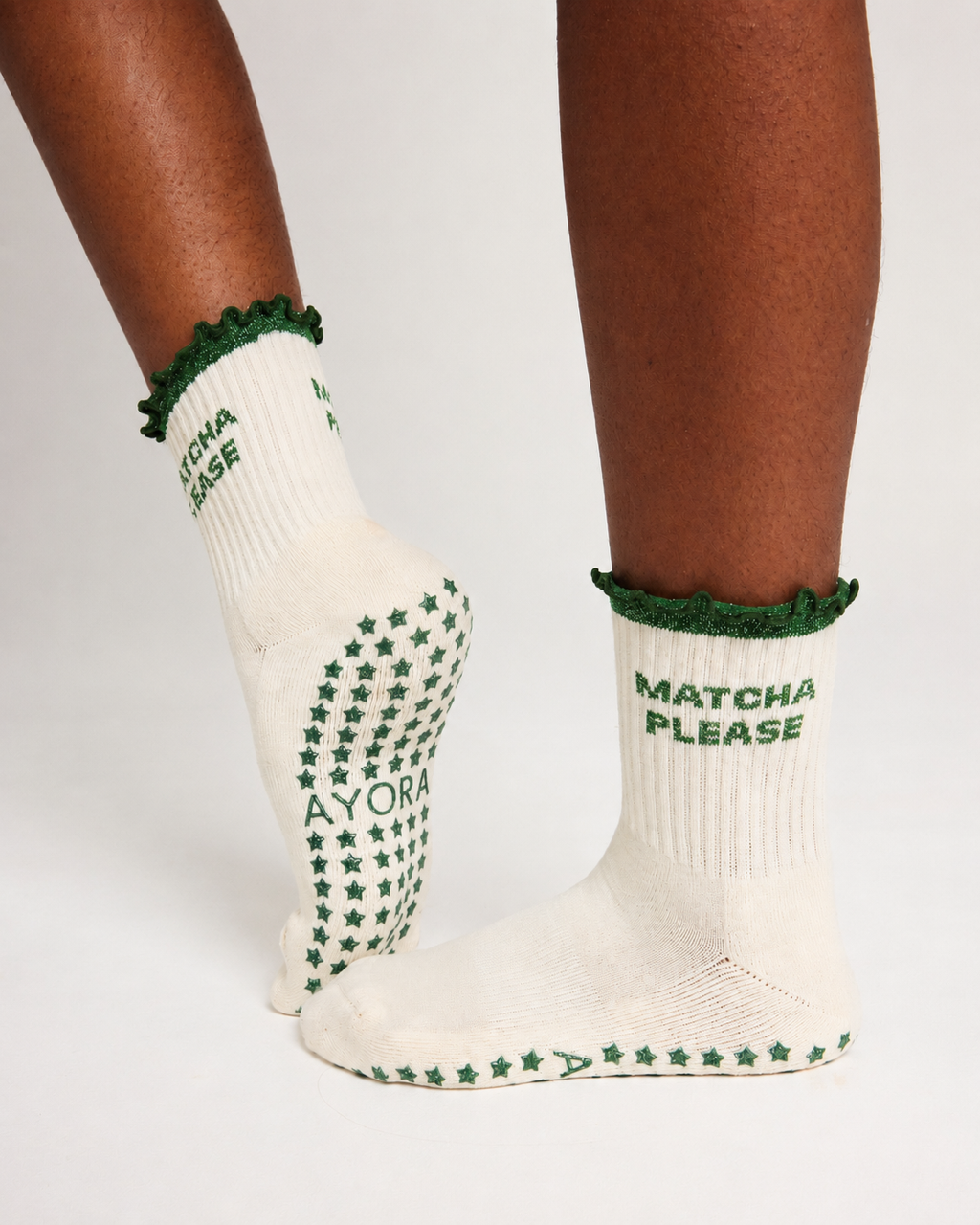 Chaussettes antidérapantes Pilates « Matcha Please» – Vert à paillettes