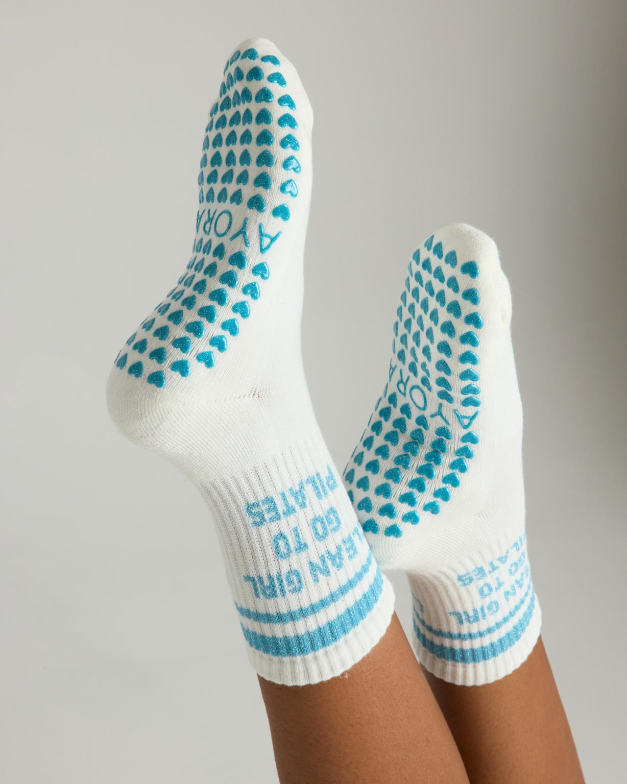 Chaussettes antidérapantes Pilates STRIPE «Clean Girl Go to Pilates» – Turquoise à Paillette