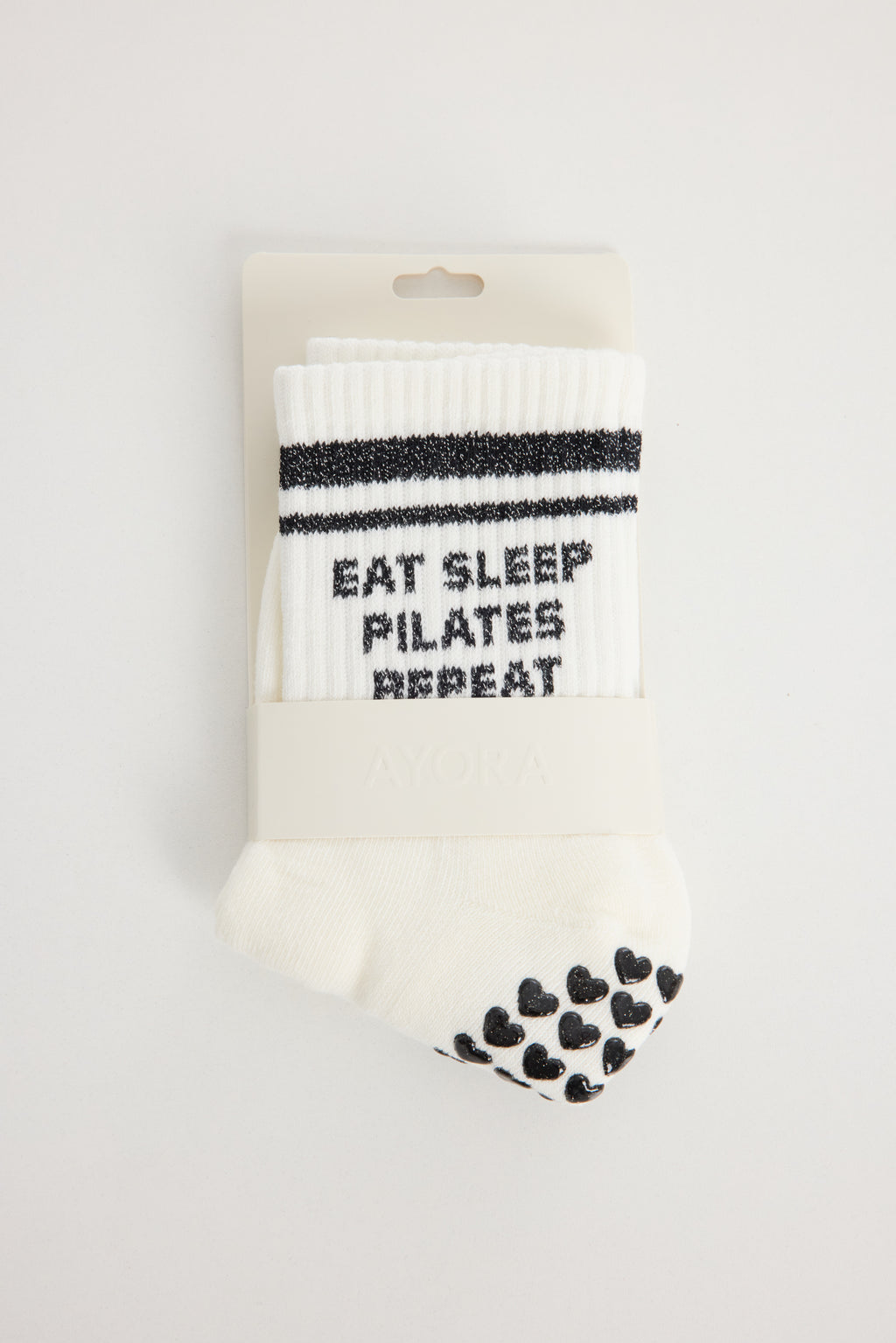 Chaussettes antidérapantes Pilates STRIPE « Eat Sleep Pilates Repeat » – Noir à Paillettes