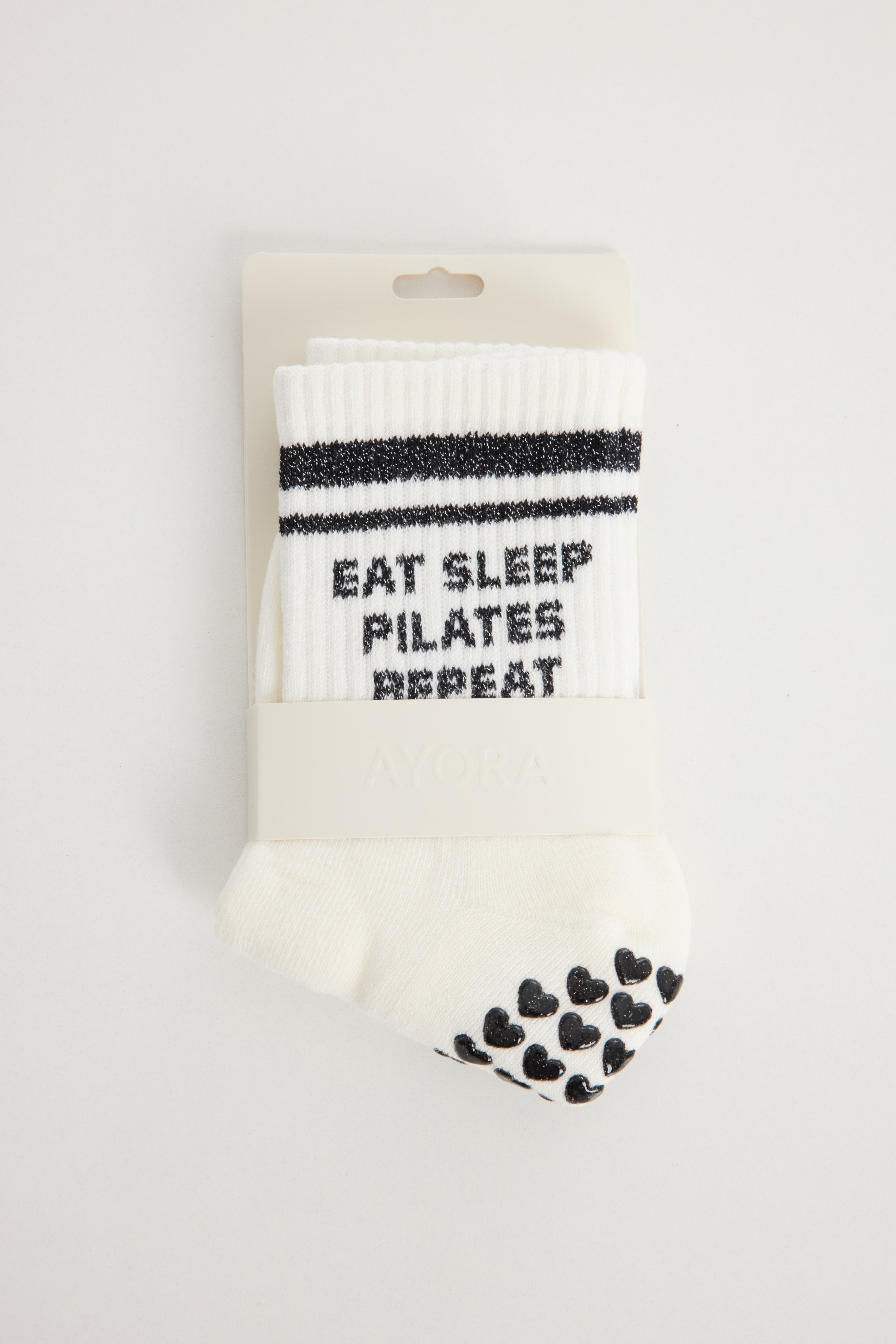 Chaussettes antidérapantes Pilates STRIPE « Eat Sleep Pilates Repeat » – Noir à Paillettes
