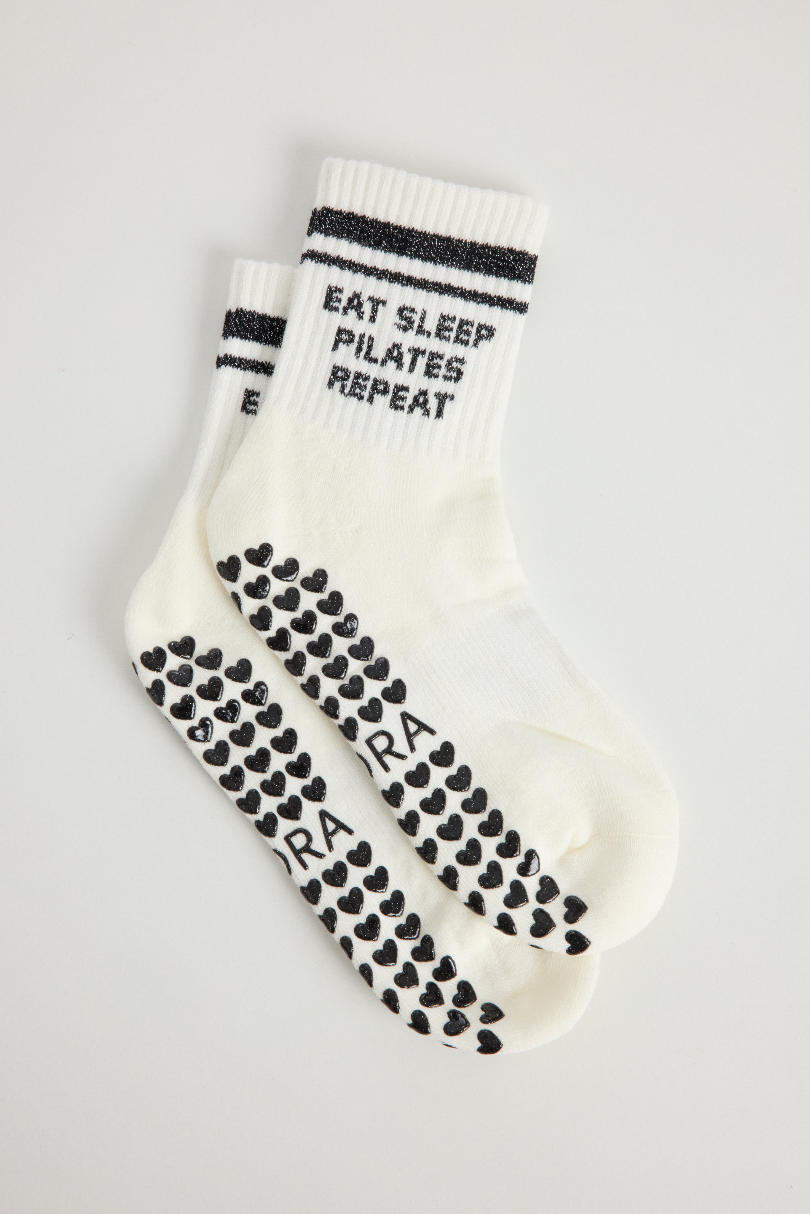 Chaussettes antidérapantes Pilates STRIPE « Eat Sleep Pilates Repeat » – Noir à Paillettes
