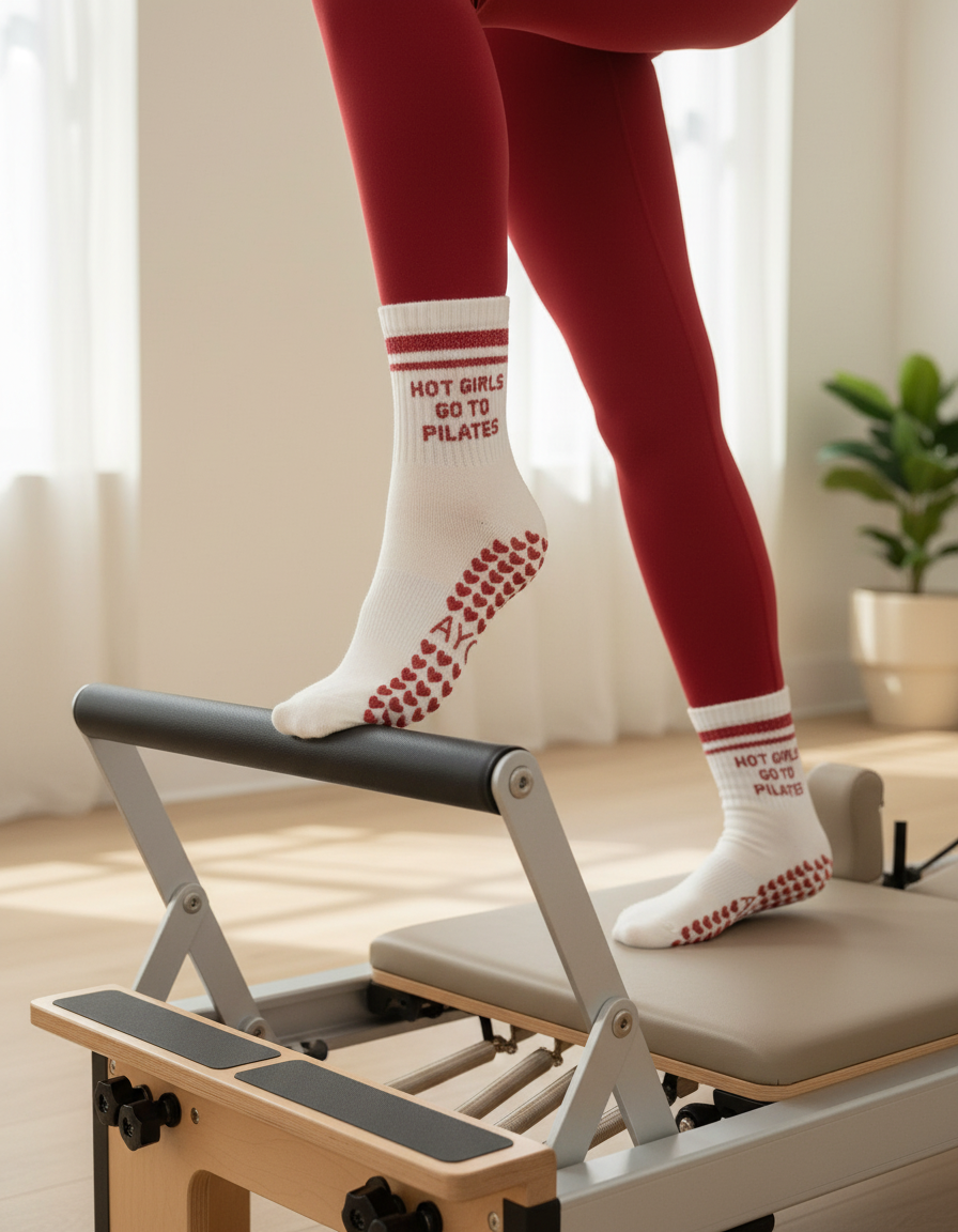 Chaussettes antidérapantes Pilates « Hot Girl Go To Pilates » – Rouge à Paillettes