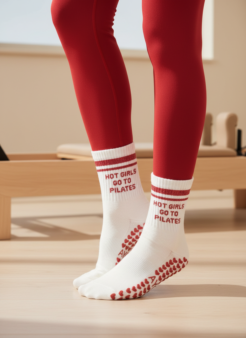 Chaussettes antidérapantes Pilates « Hot Girl Go To Pilates » – Rouge à Paillettes