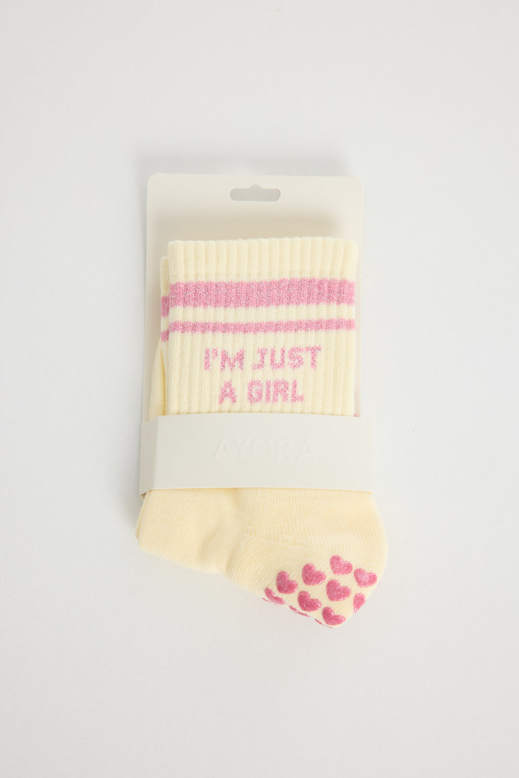 Chaussettes antidérapantes STRIPE Pilates « I'm Just a Girl» – Jaune et Rose à Paillettes