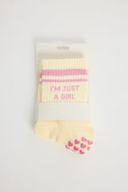 Chaussettes antidérapantes STRIPE Pilates « I'm Just a Girl» – Jaune et Rose à Paillettes