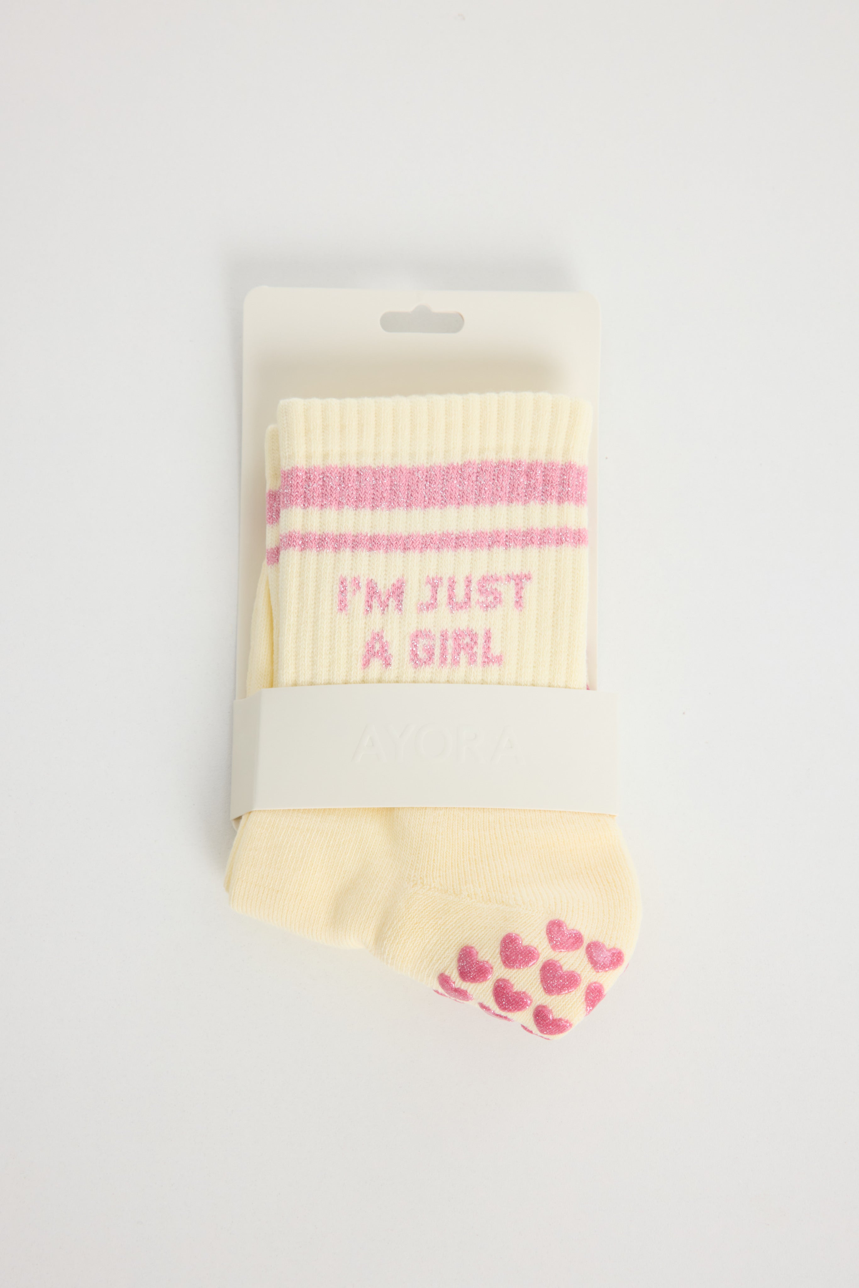 Chaussettes antidérapantes STRIPE Pilates « I'm Just a Girl» – Jaune et Rose à Paillettes