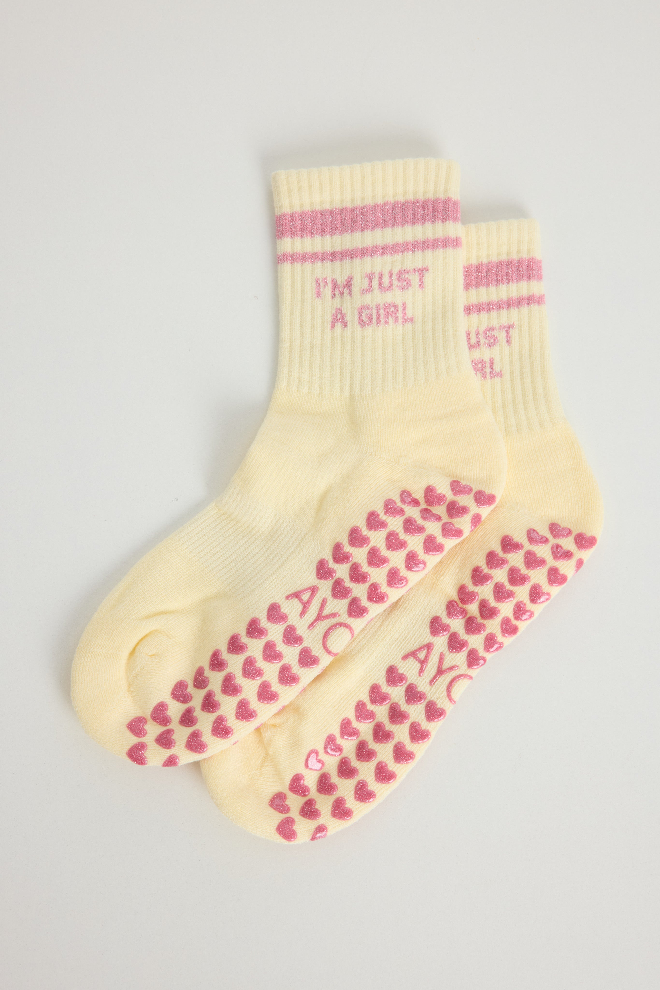 Chaussettes antidérapantes STRIPE Pilates « I'm Just a Girl» – Jaune et Rose à Paillettes
