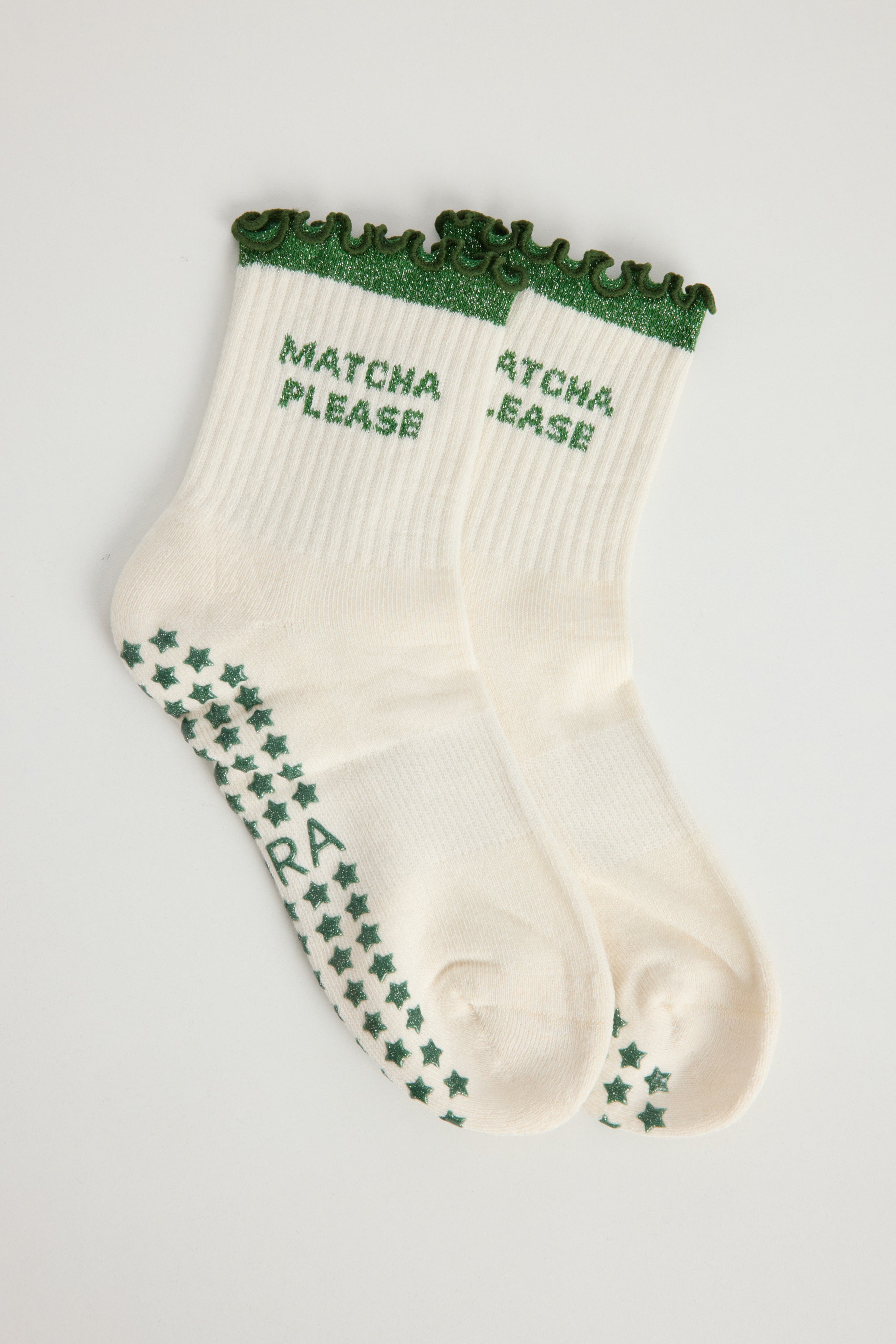 Chaussettes antidérapantes Pilates « Matcha Please» – Vert à paillettes