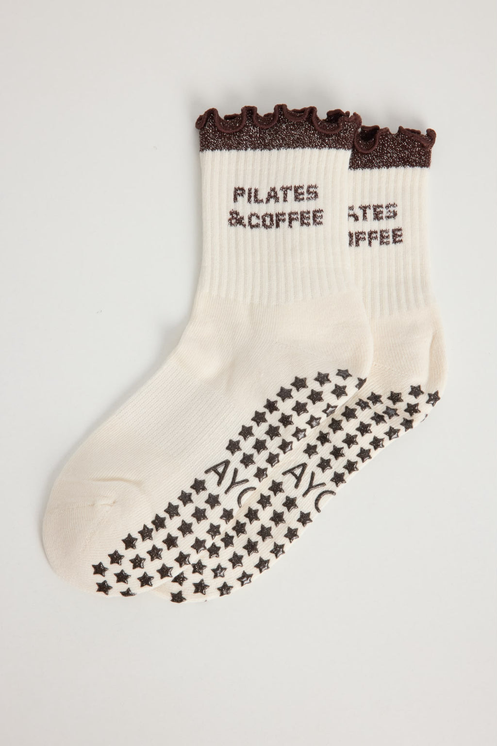 Chaussettes antidérapantes Pilates FRIZZY « Pilates and Coffee» – Marron à Paillettes