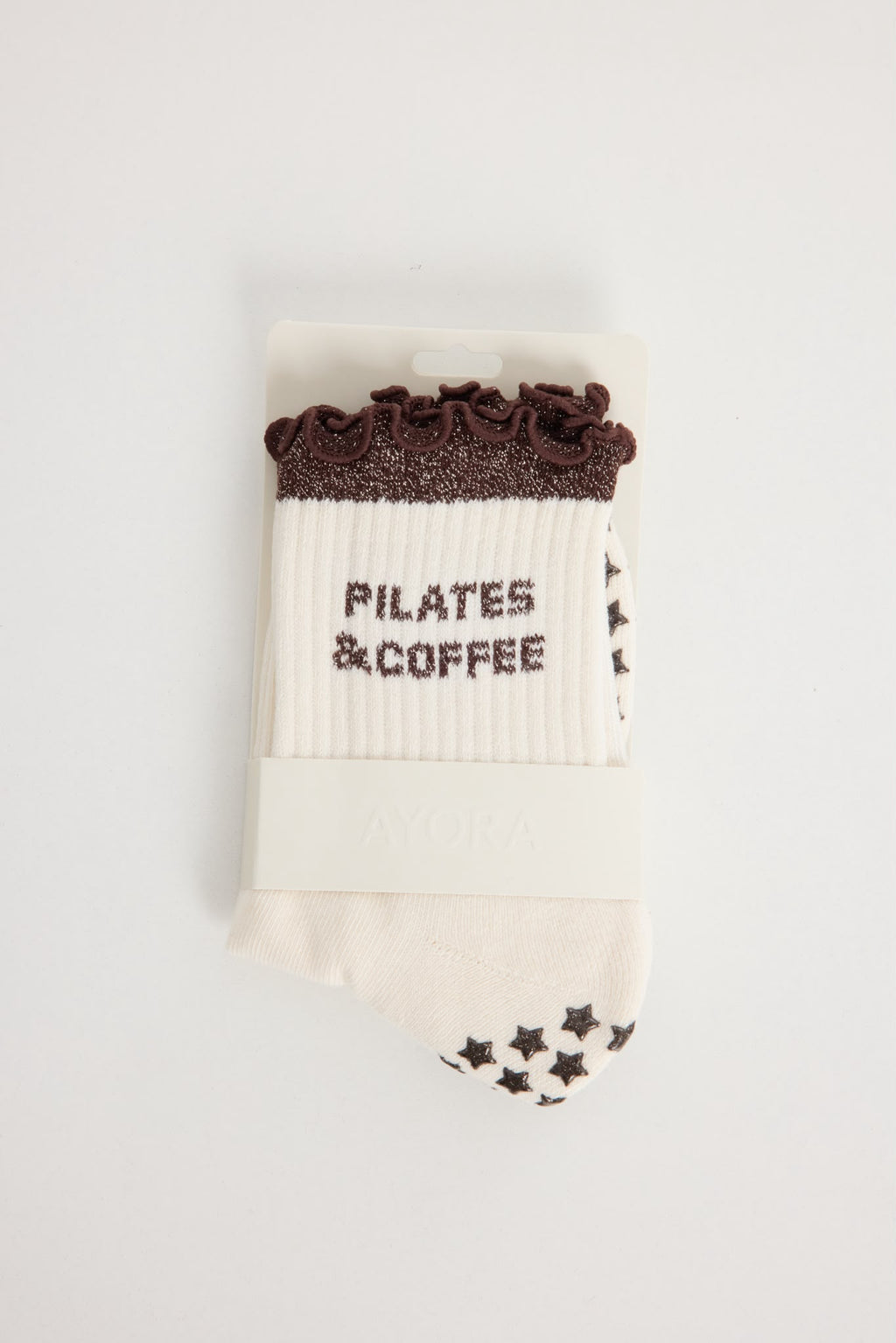 Chaussettes antidérapantes Pilates FRIZZY « Pilates and Coffee» – Marron à Paillettes