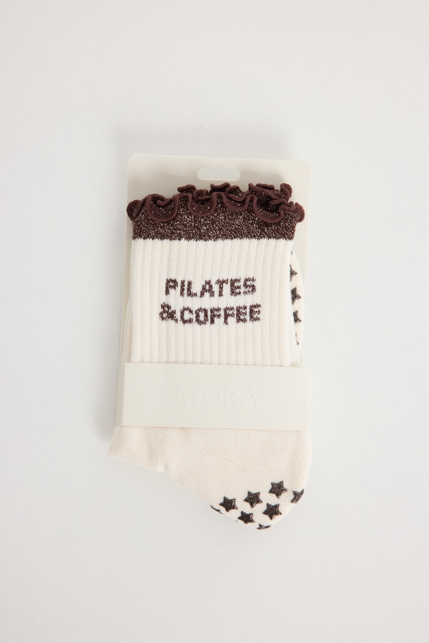 Chaussettes antidérapantes Pilates FRIZZY « Pilates and Coffee» – Marron à Paillettes