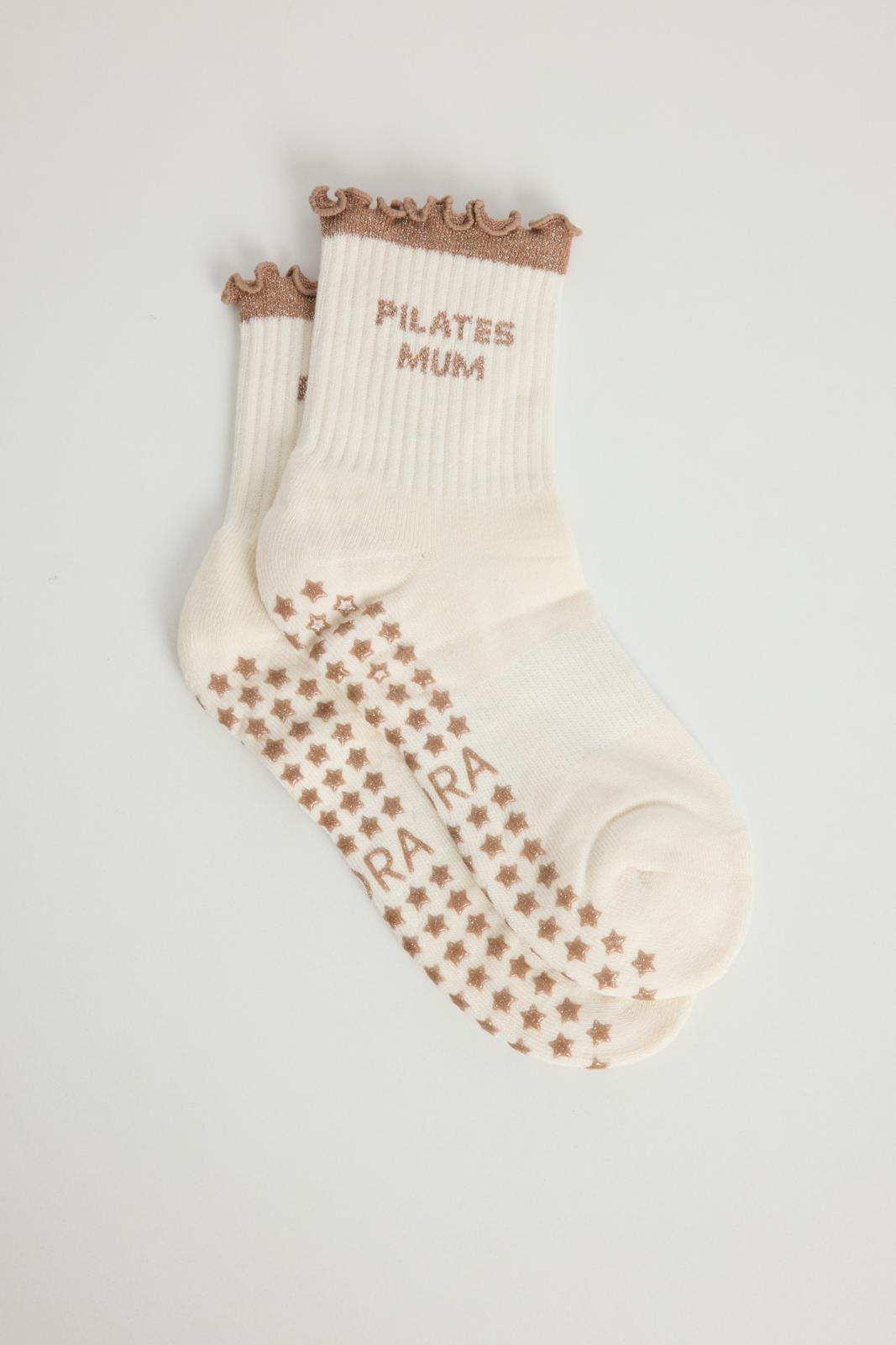Chaussettes antidérapantes Pilates FRIZZY « Pilates Pilates Mum» – Beige à Paillettes