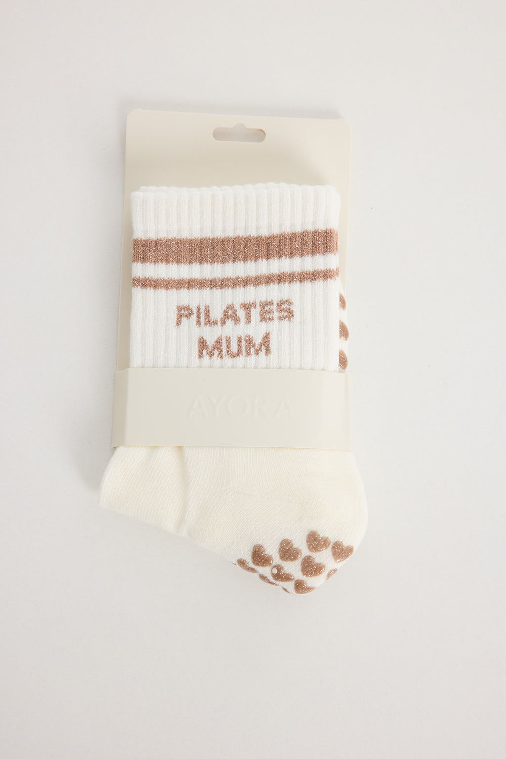 Chaussettes antidérapantes Pilates STRIPE «Pilates Mum» – Beige à Paillettes