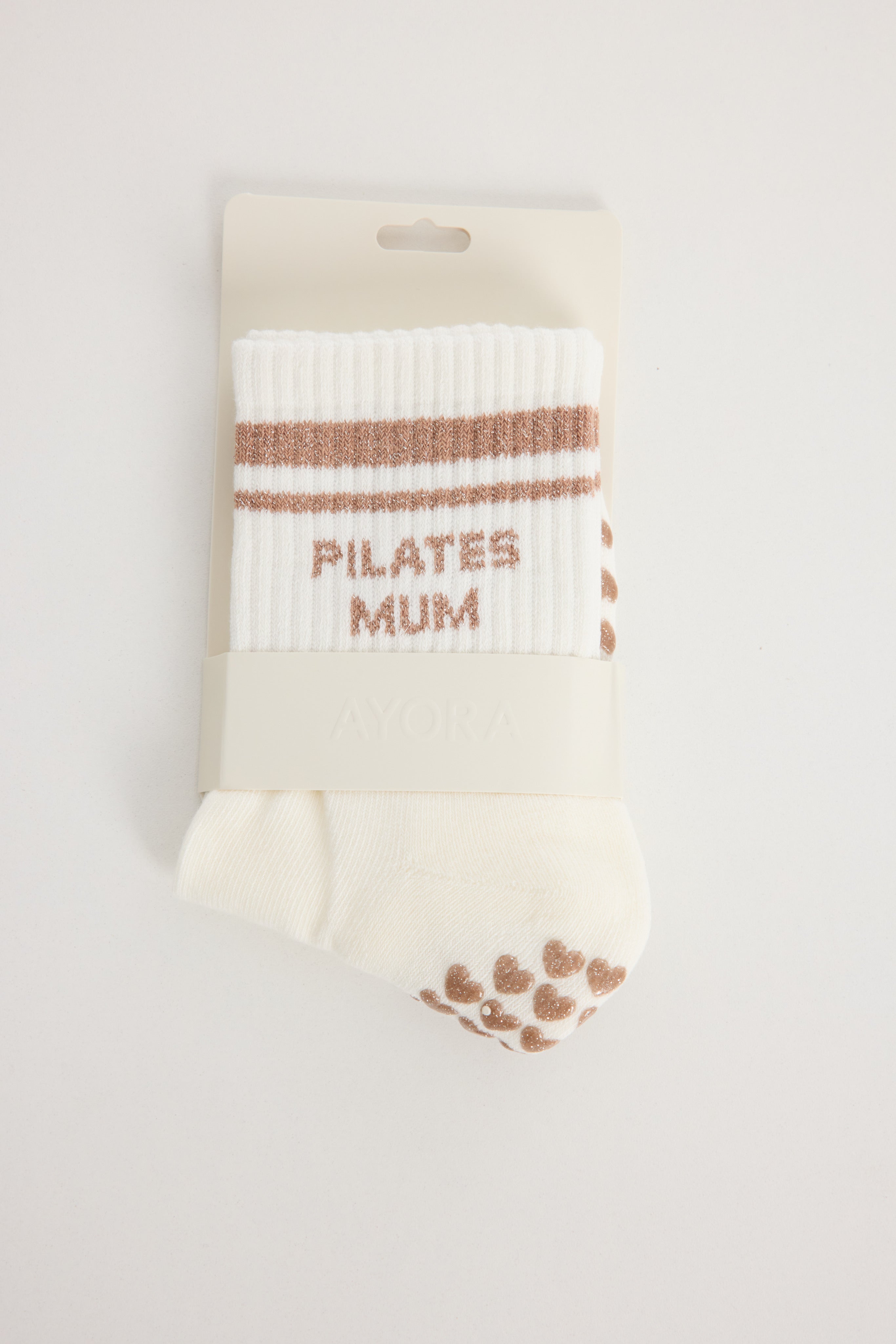 Chaussettes antidérapantes Pilates STRIPE «Pilates Mum» – Beige à Paillettes