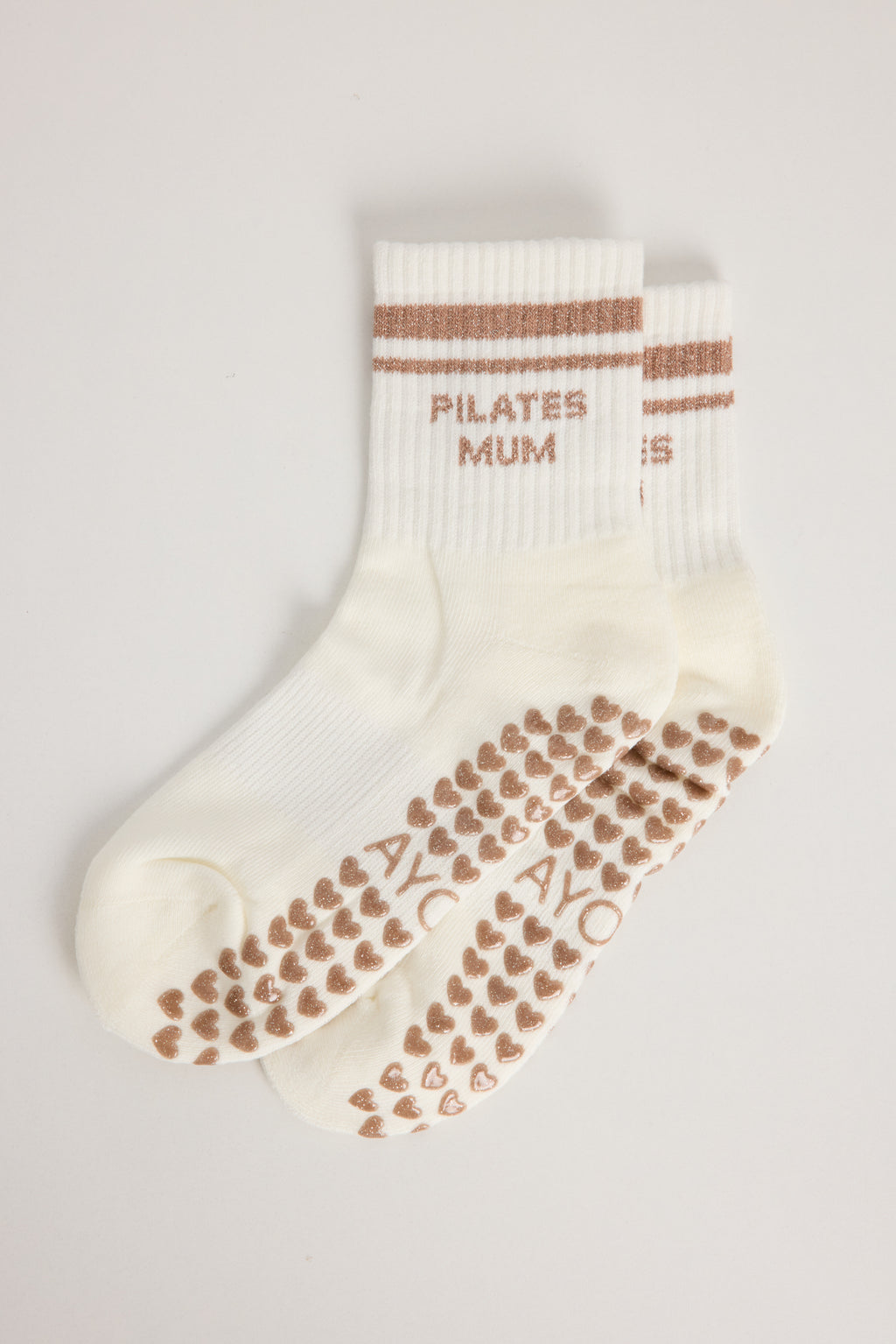 Chaussettes antidérapantes Pilates STRIPE «Pilates Mum» – Beige à Paillettes