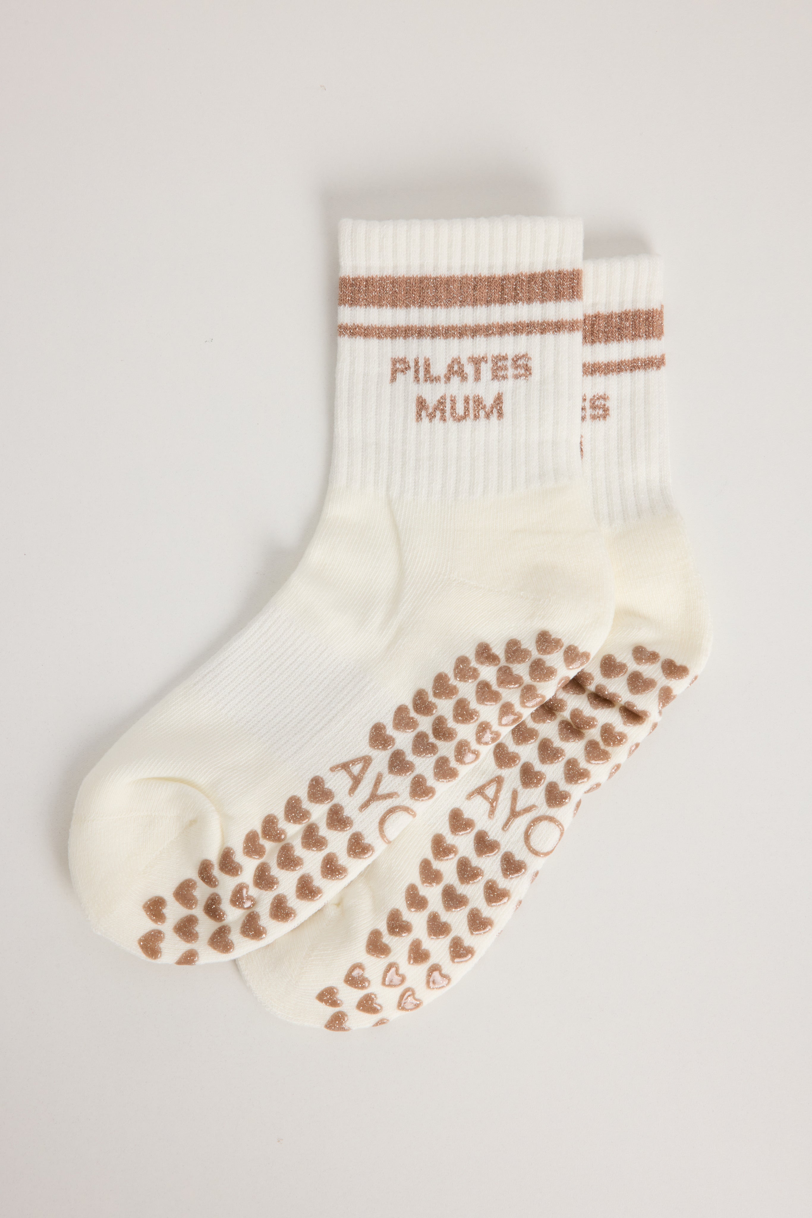 Chaussettes antidérapantes Pilates STRIPE «Pilates Mum» – Beige à Paillettes