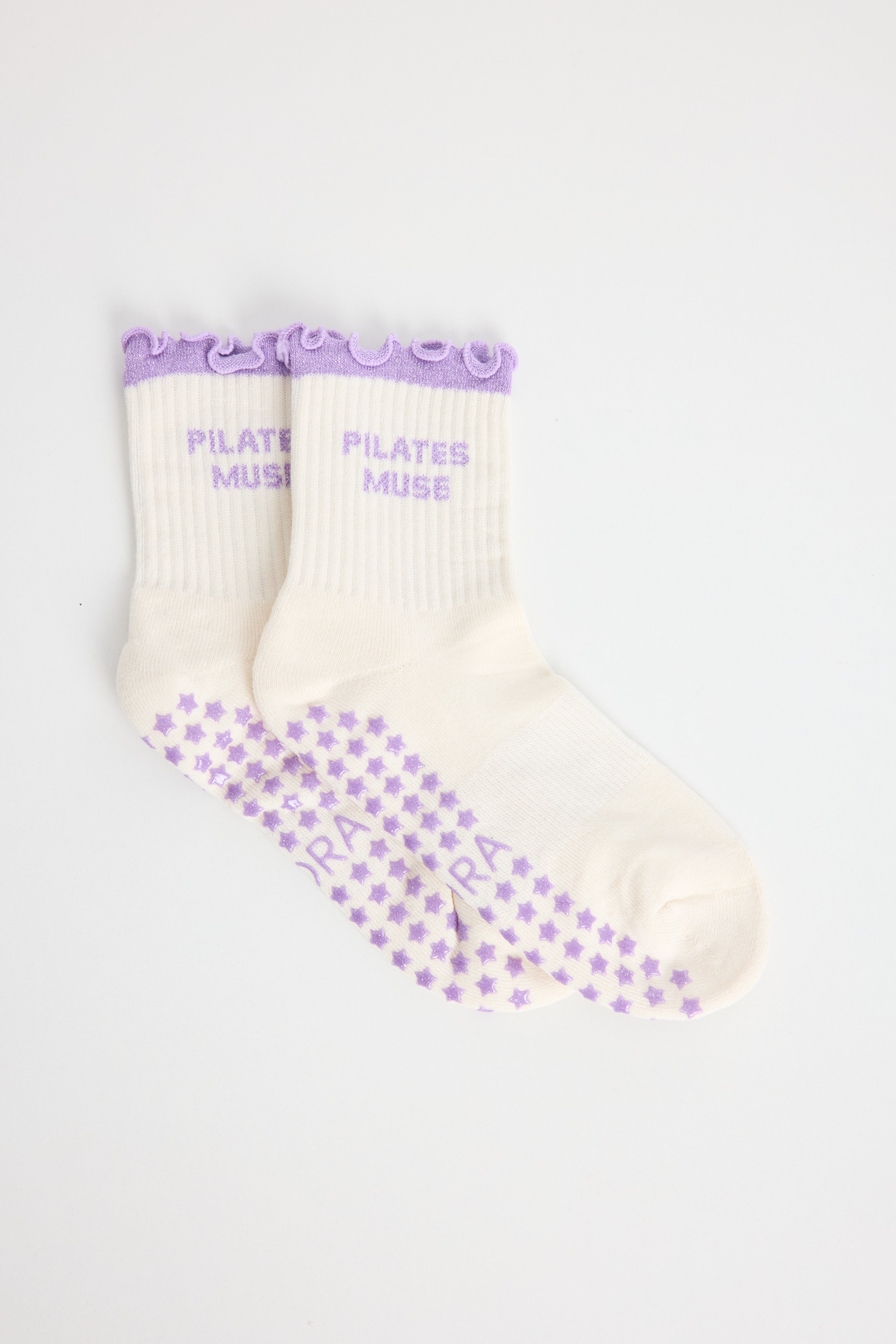 Chaussettes antidérapantes Pilates FRIZZY « Pilates Muse» – Mauve à Paillettes