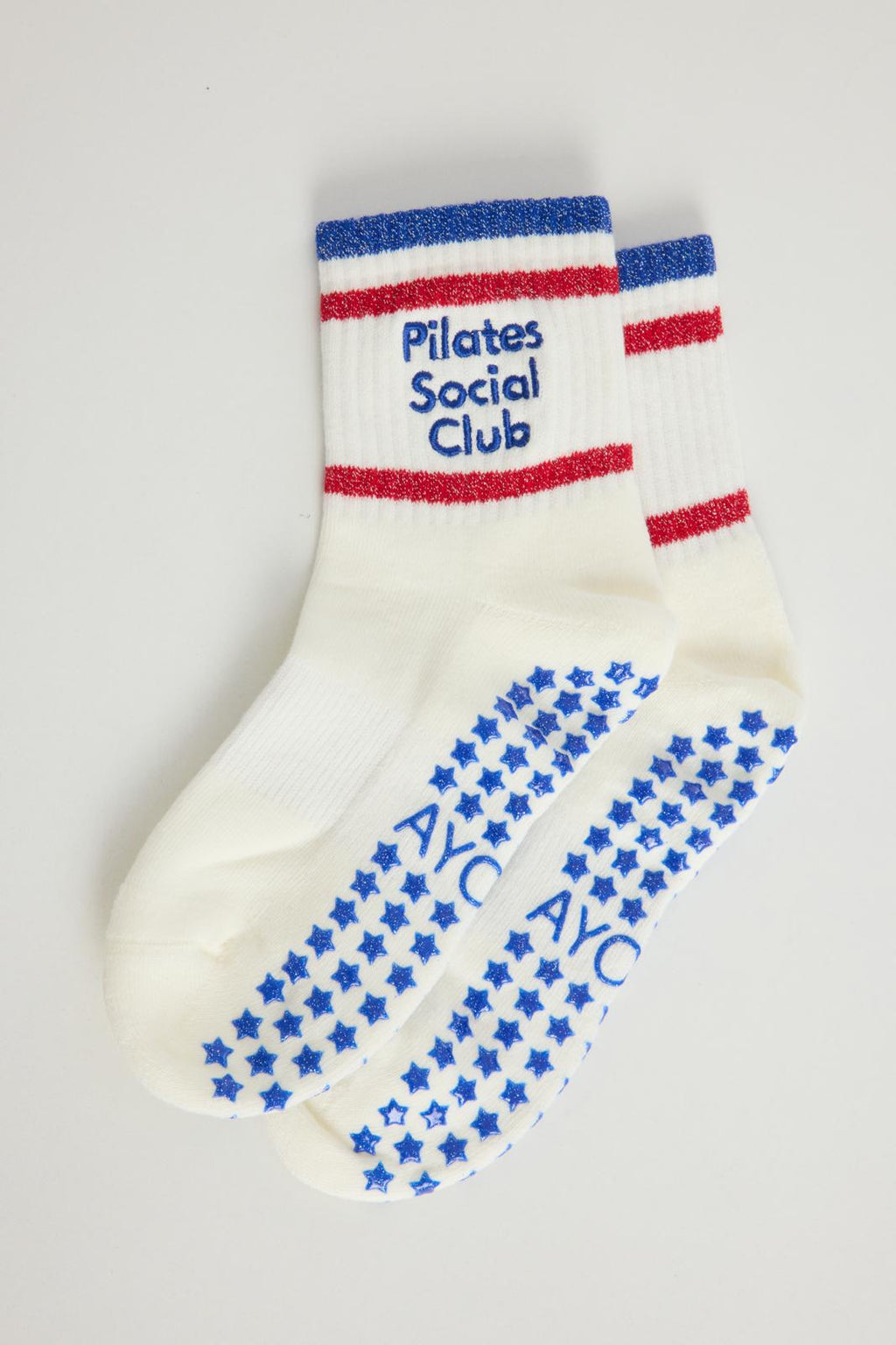 Chaussettes antidérapantes Pilates « Pilates Social Club » – Rouge et Bleu à Paillettes