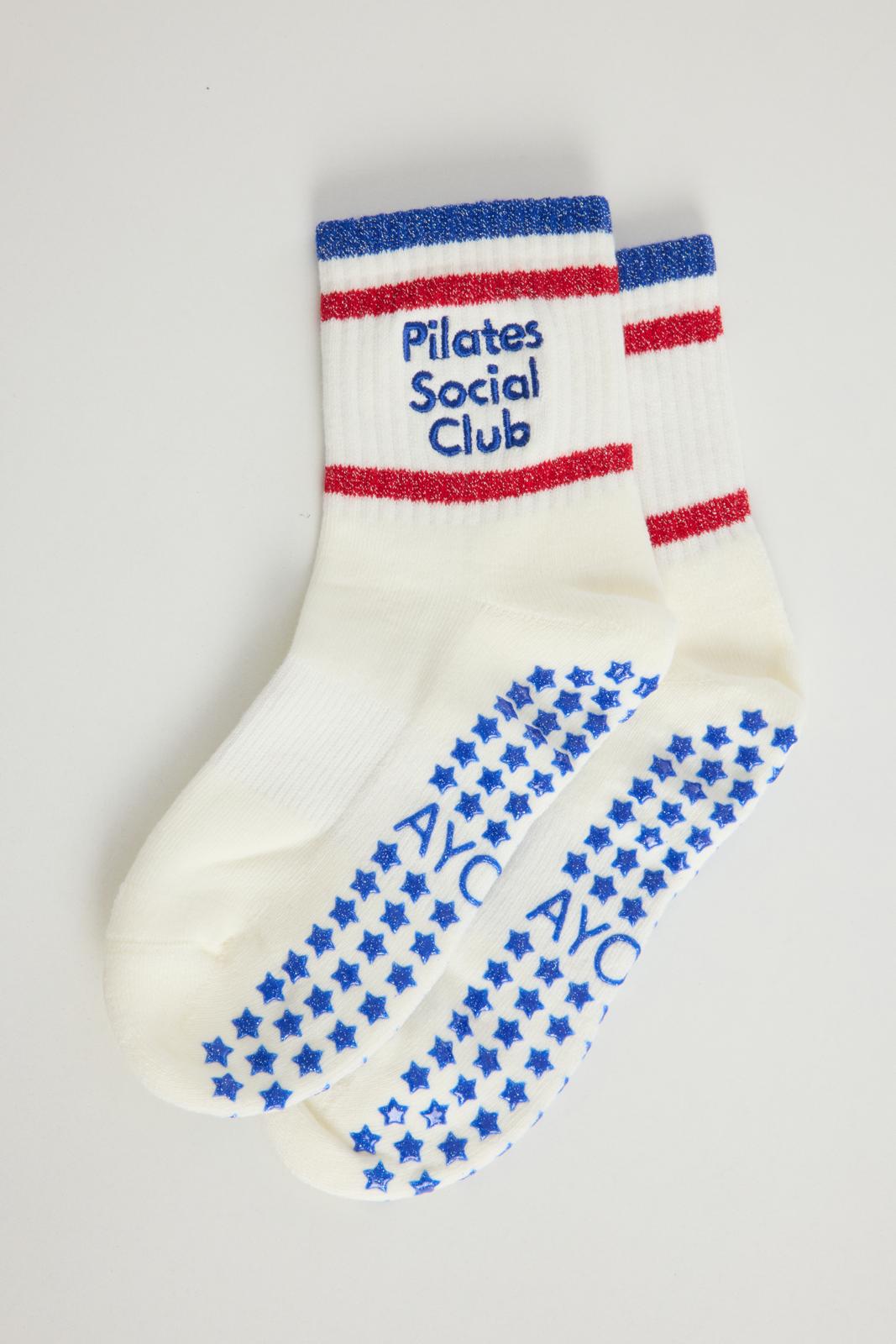 Chaussettes antidérapantes Pilates « Pilates Social Club » – Rouge et Bleu à Paillettes