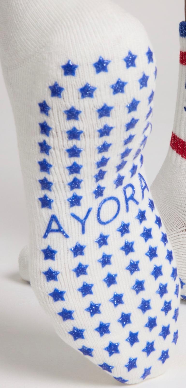 Chaussettes antidérapantes Pilates « Pilates Social Club » – Rouge et Bleu à Paillettes
