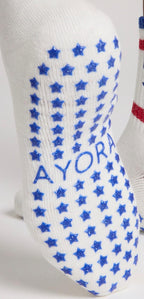 Chaussettes antidérapantes Pilates « Pilates Social Club » – Rouge et Bleu à Paillettes