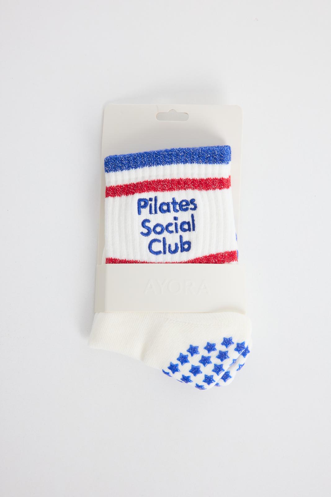 Chaussettes antidérapantes Pilates « Pilates Social Club » – Rouge et Bleu à Paillettes