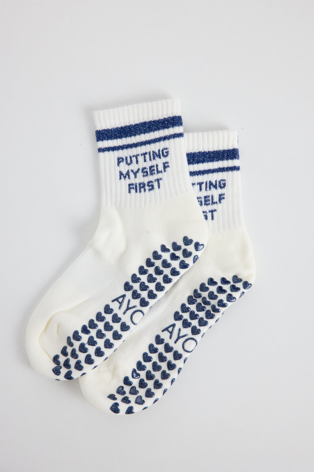 Chaussettes antidérapantes Pilates STRIPE «Putting Myself First» – Marine à Paillettes