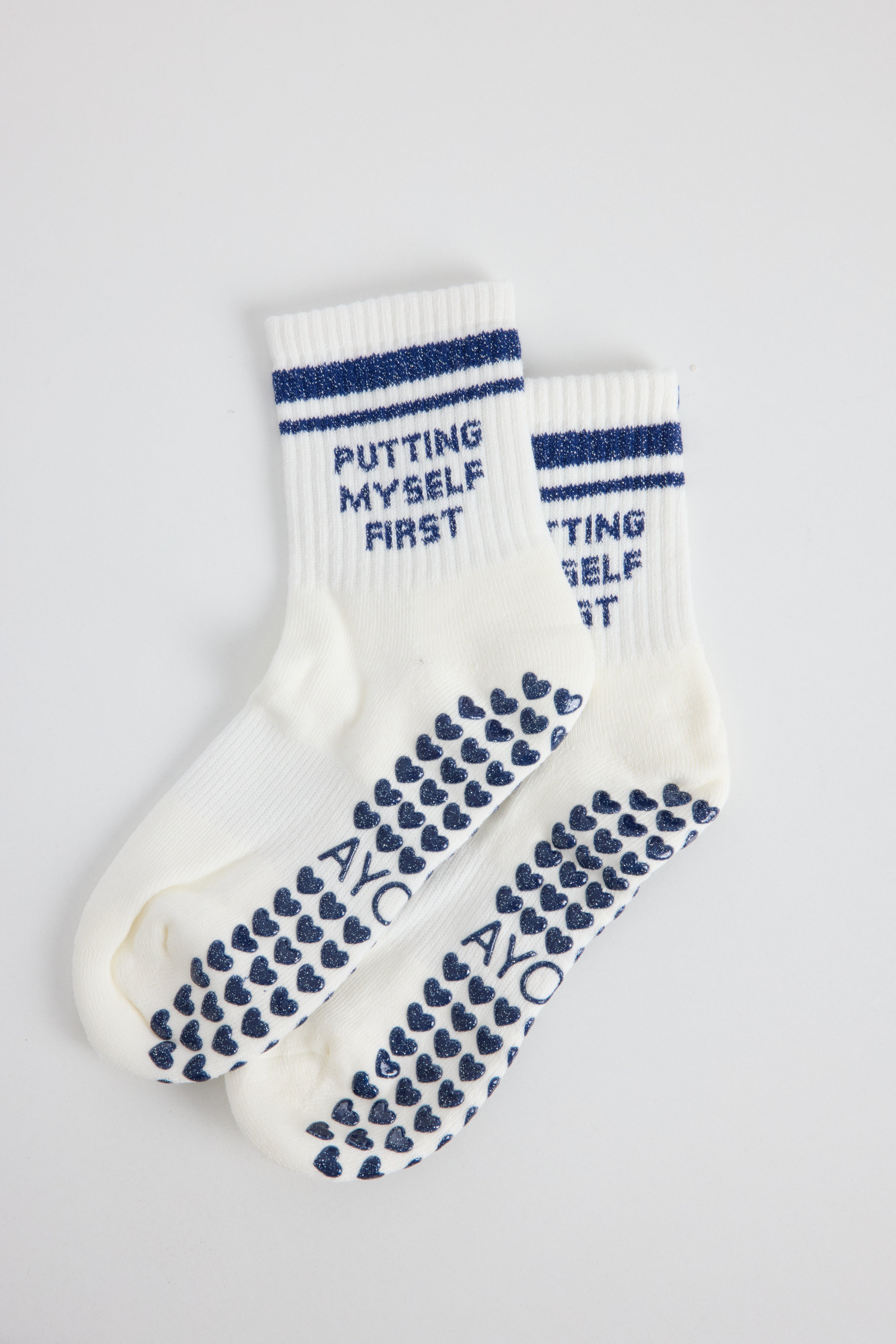 Chaussettes antidérapantes Pilates STRIPE «Putting Myself First» – Marine à Paillettes