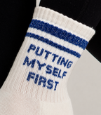 Chaussettes antidérapantes Pilates STRIPE «Putting Myself First» – Marine à Paillettes