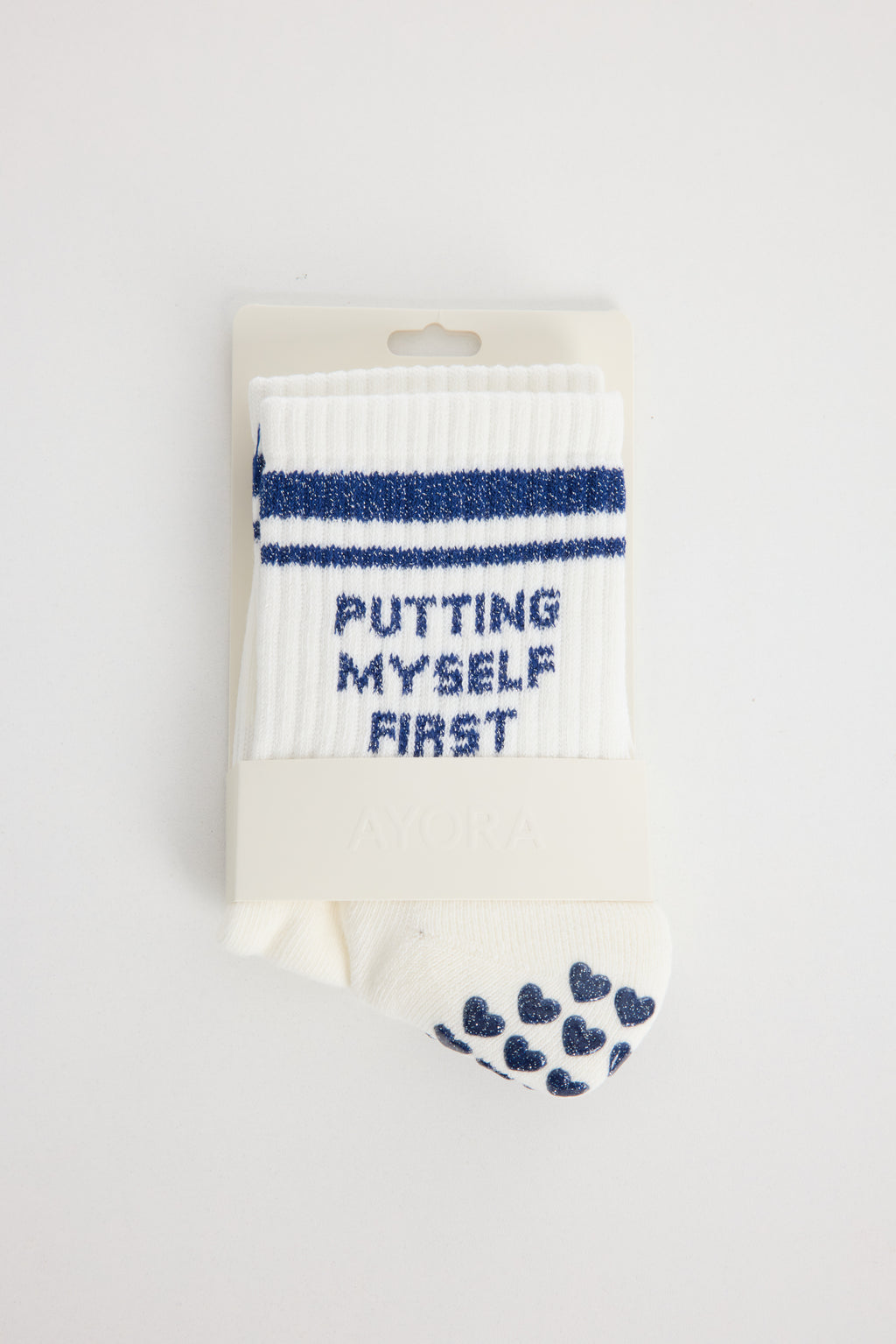 Chaussettes antidérapantes Pilates STRIPE «Putting Myself First» – Marine à Paillettes